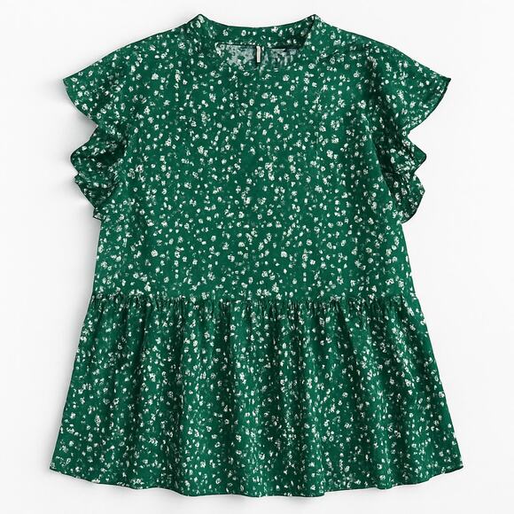 Shein Women Size 2XL Green Ruffle Sleeve Peplum Top Floral Print - Picture 2 of 7